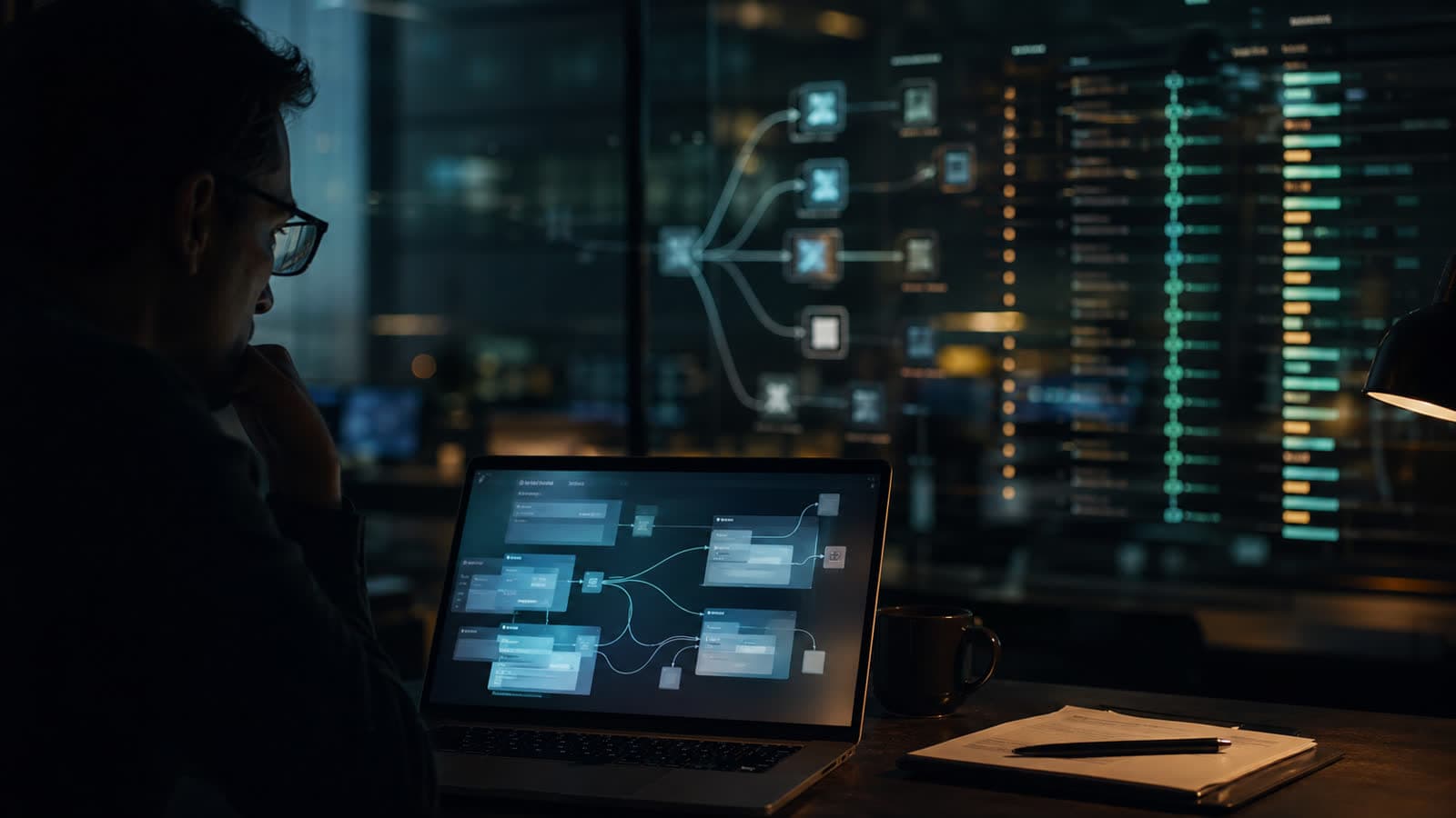 AI-generated editorial image of a browser automation session, budget ledger, and operator silhouette in a dark control room