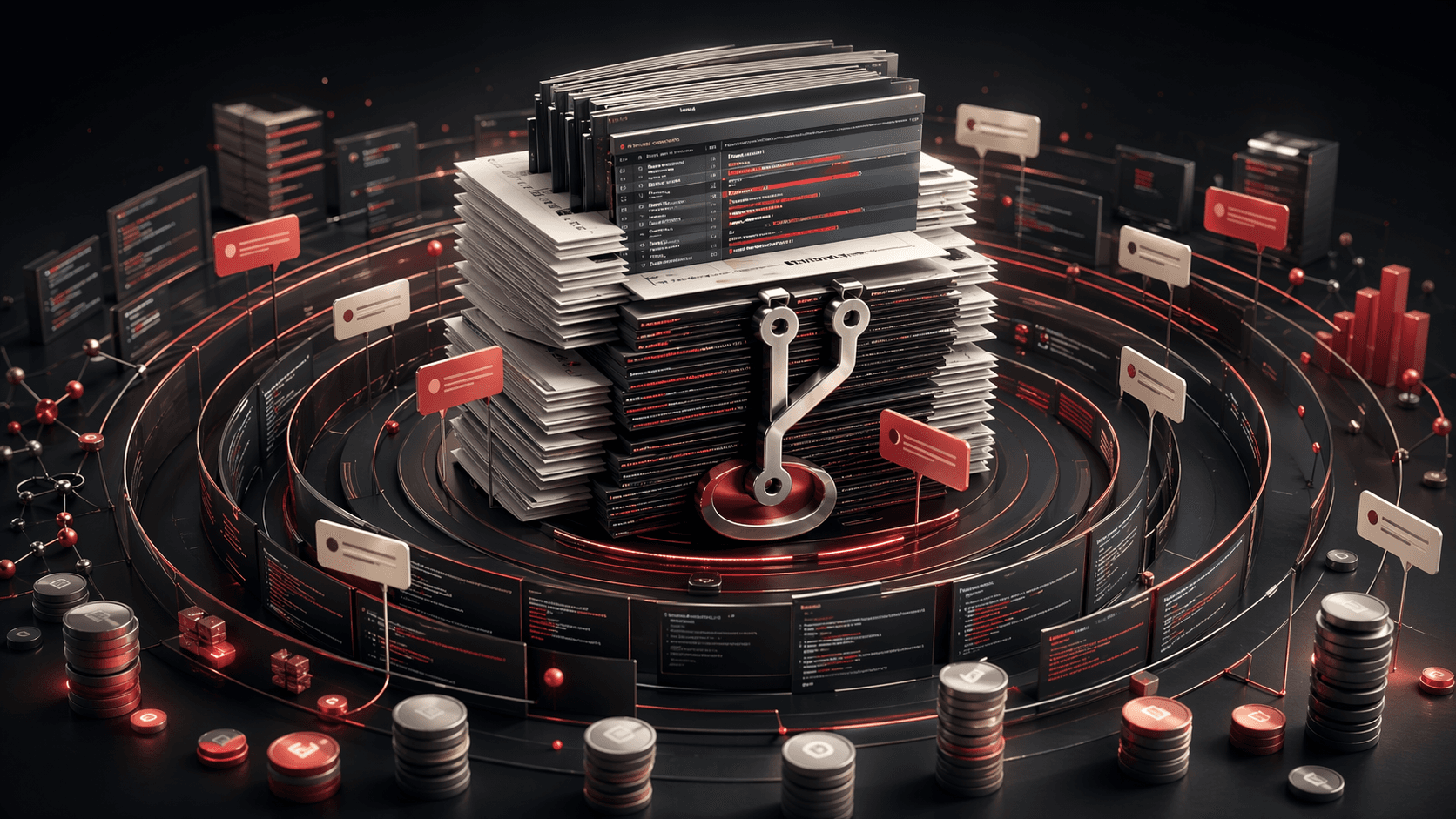 Editorial illustration of pull requests expanding into costly automated review layers