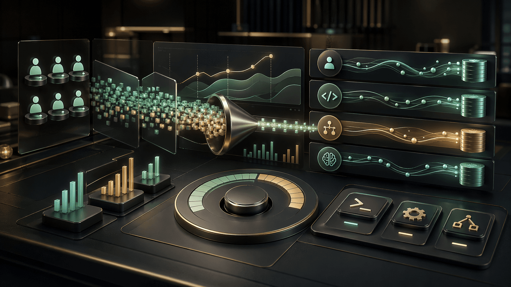 Editorial dashboard concept showing seats, tokens, daily budgets, and coding-agent workflows