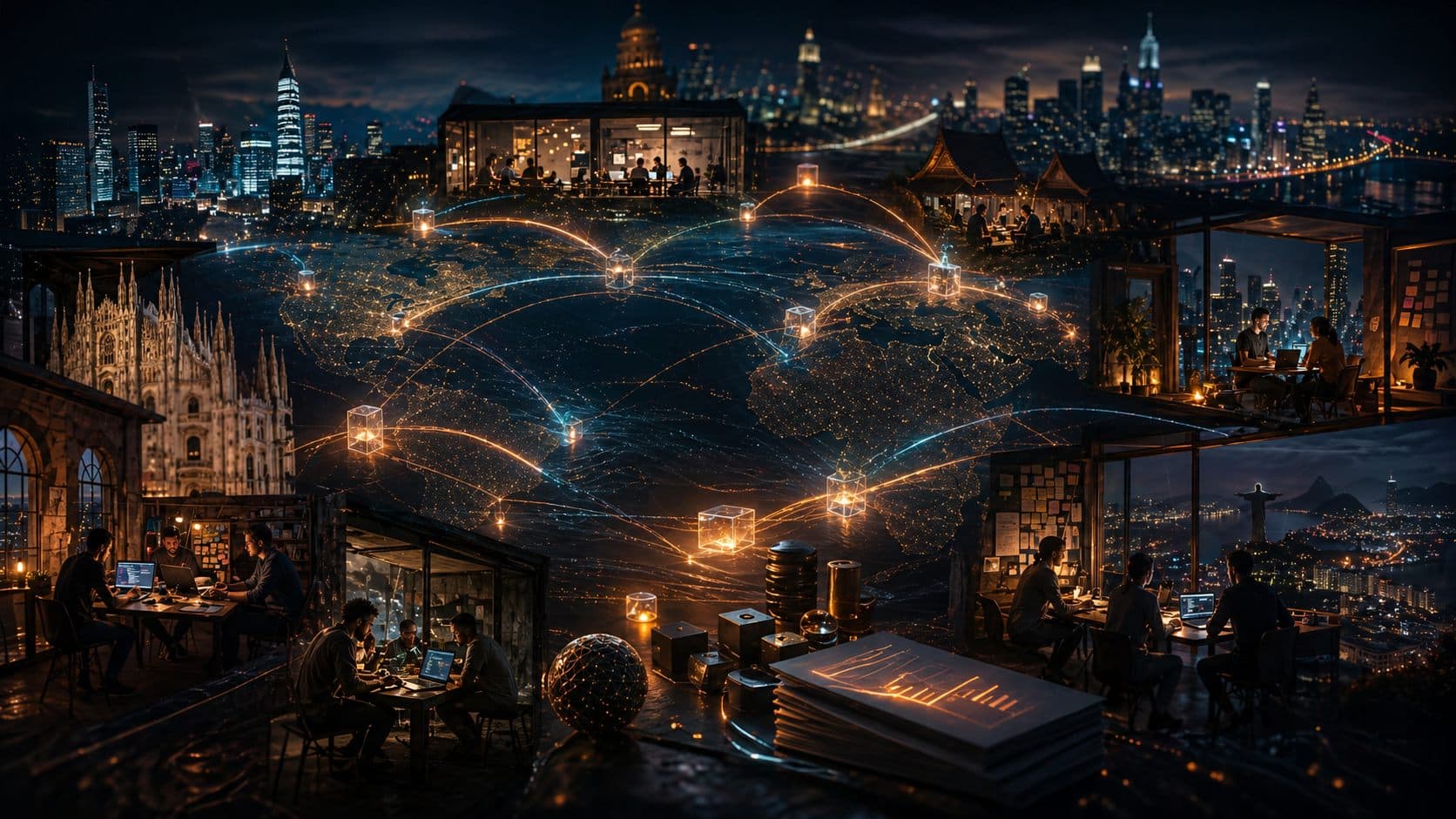 AI-generated editorial image of startup launch lights spreading across a global city network