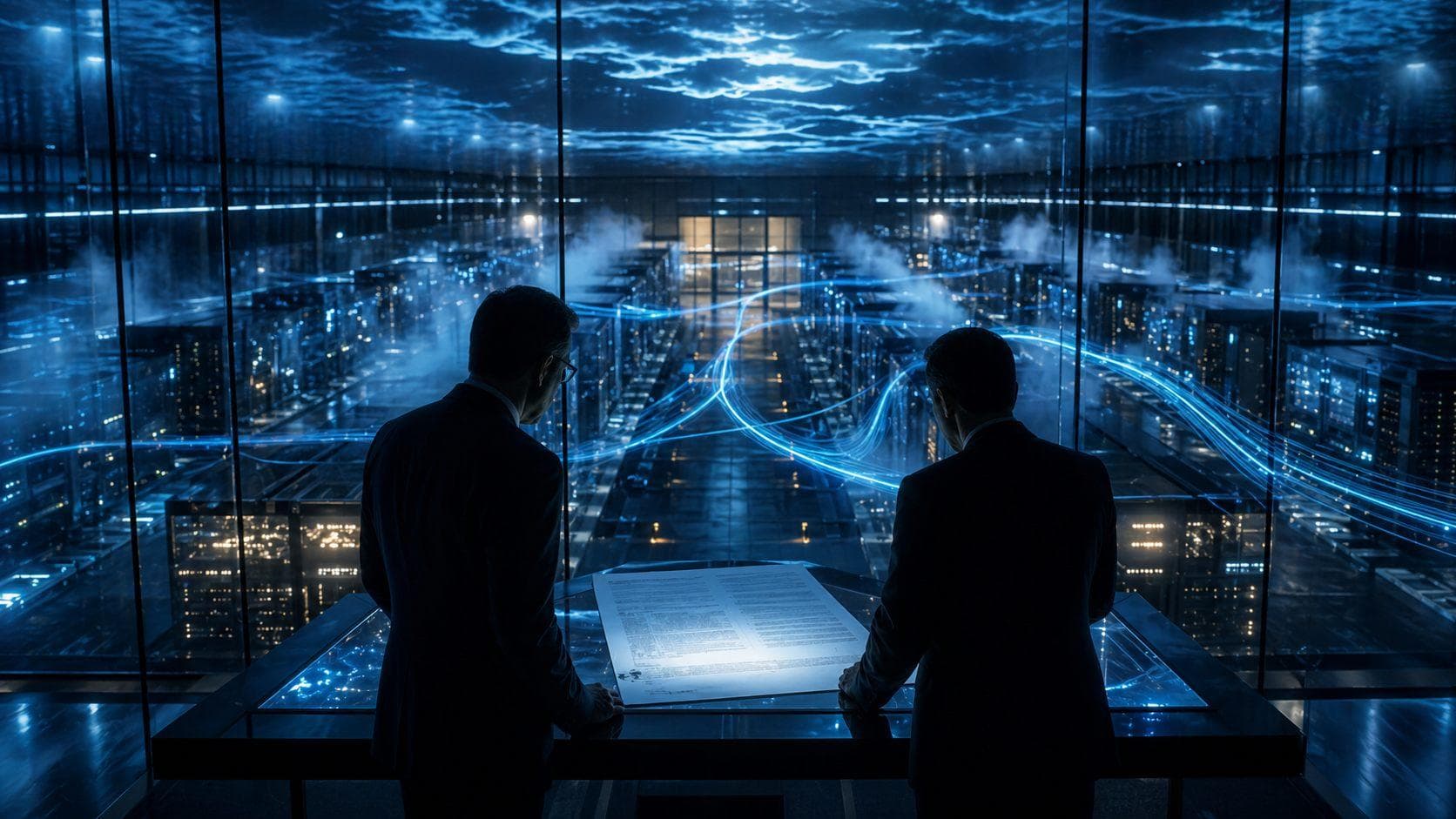 Editorial bitmap of cloud data centers, contract ledgers, and AI model streams merging into a large compute commitment