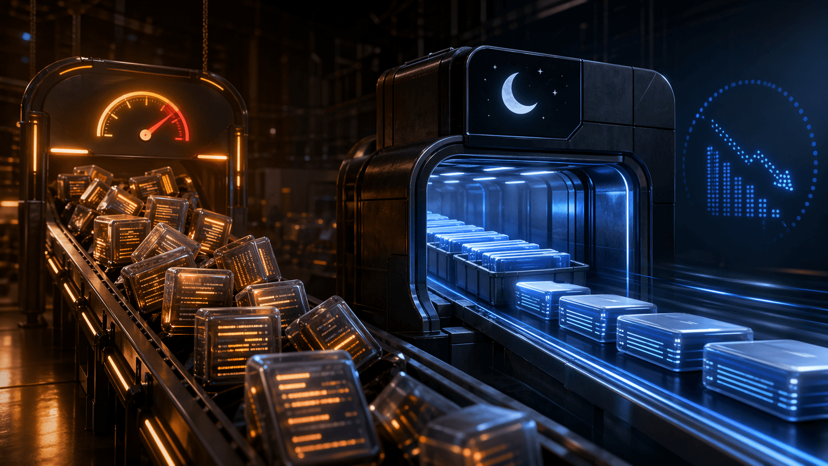 Stylized artwork of queued AI requests moving into a discounted overnight processing lane