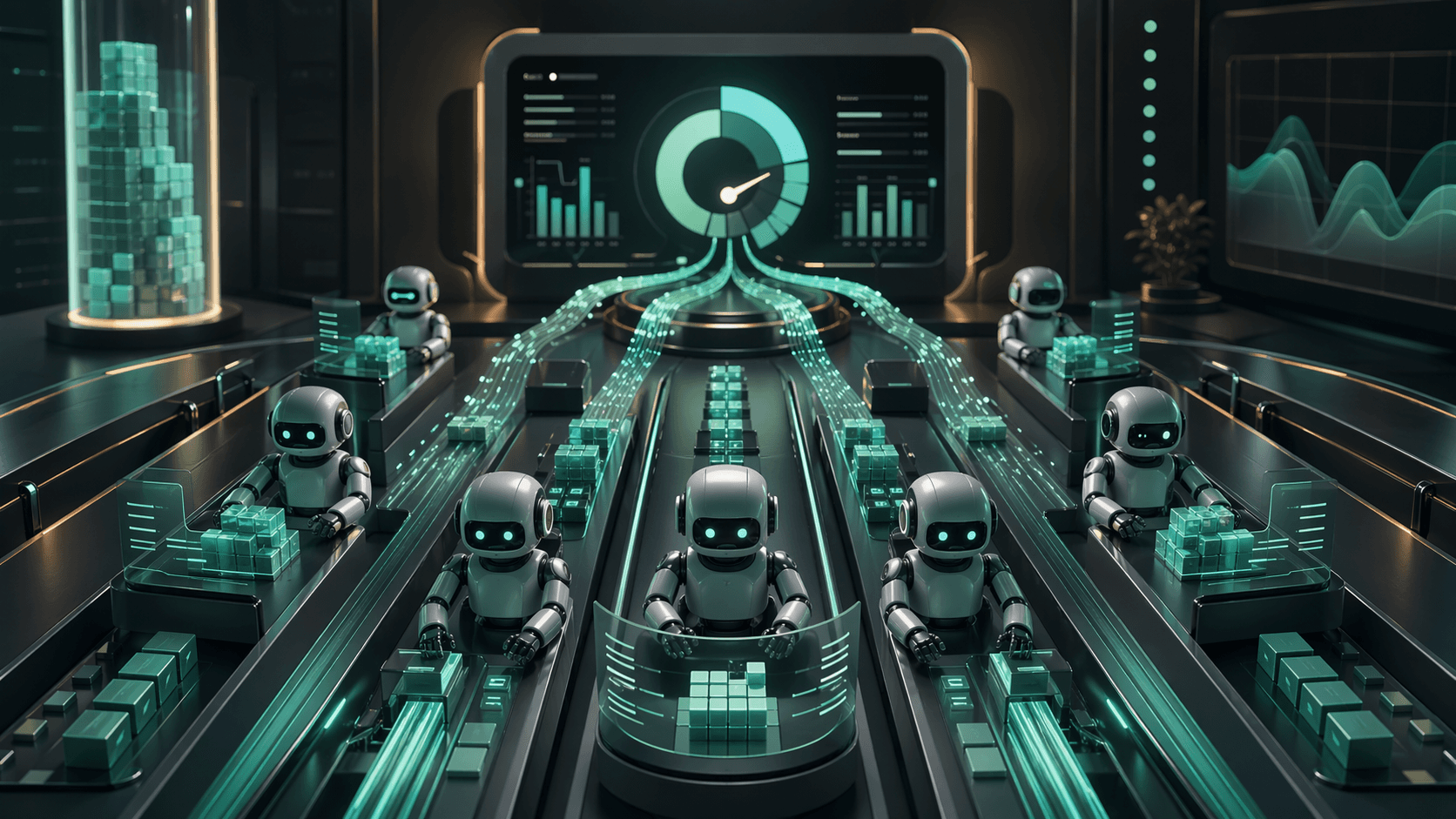 Magazine-style illustration of multiple coding agents flowing through a monitored control center