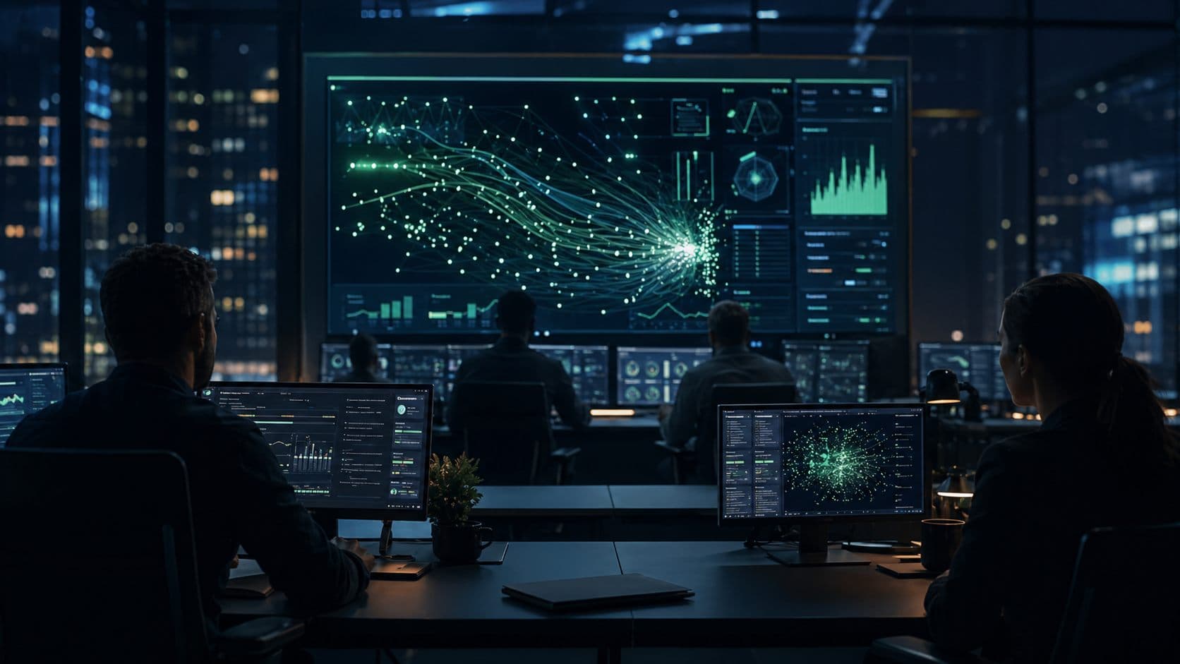 Editorial bitmap of a dark operations room with token streams converging into an AI usage dashboard