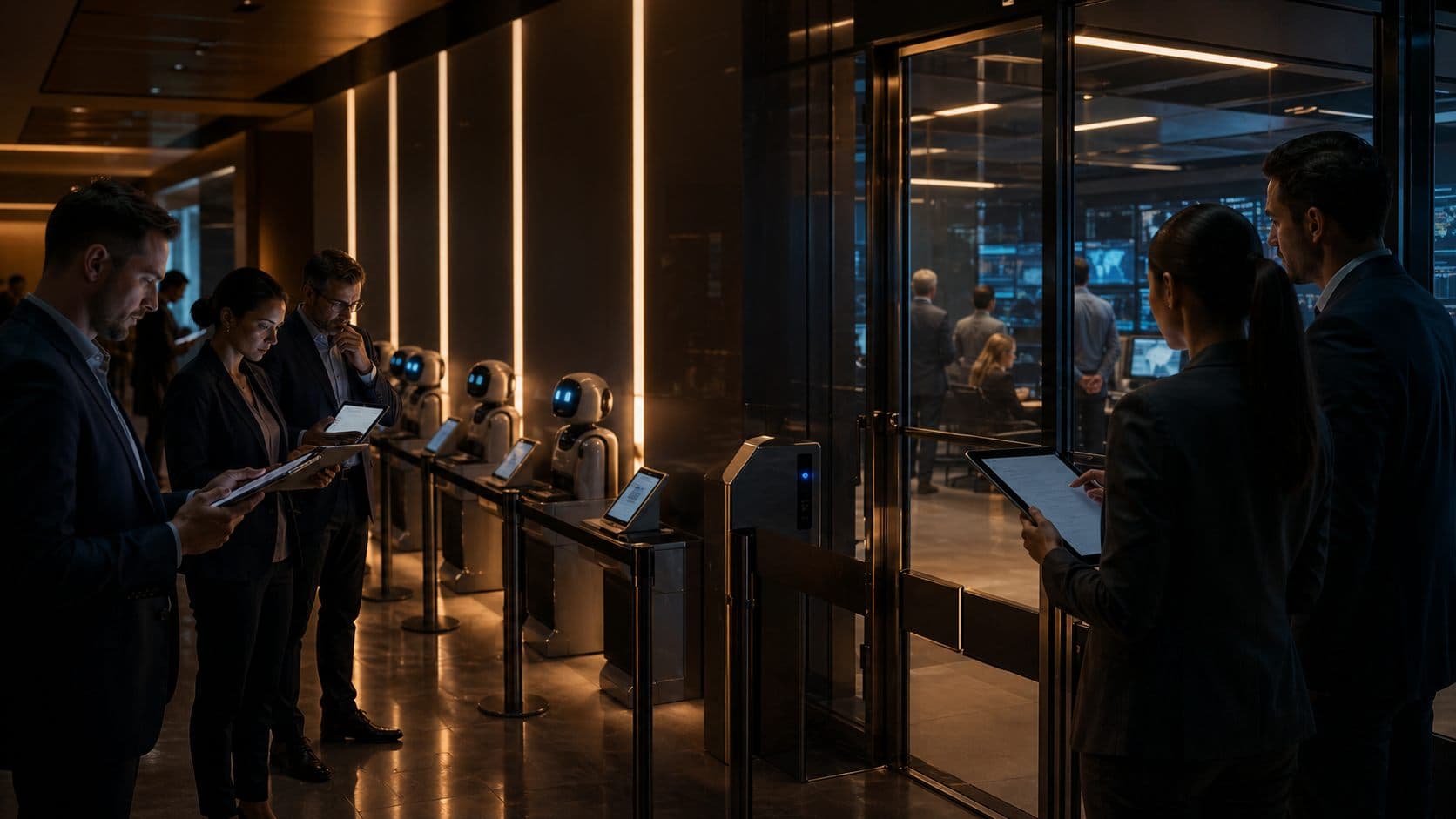 Editorial bitmap of enterprise AI agents waiting at a guarded production gate with monitoring signals