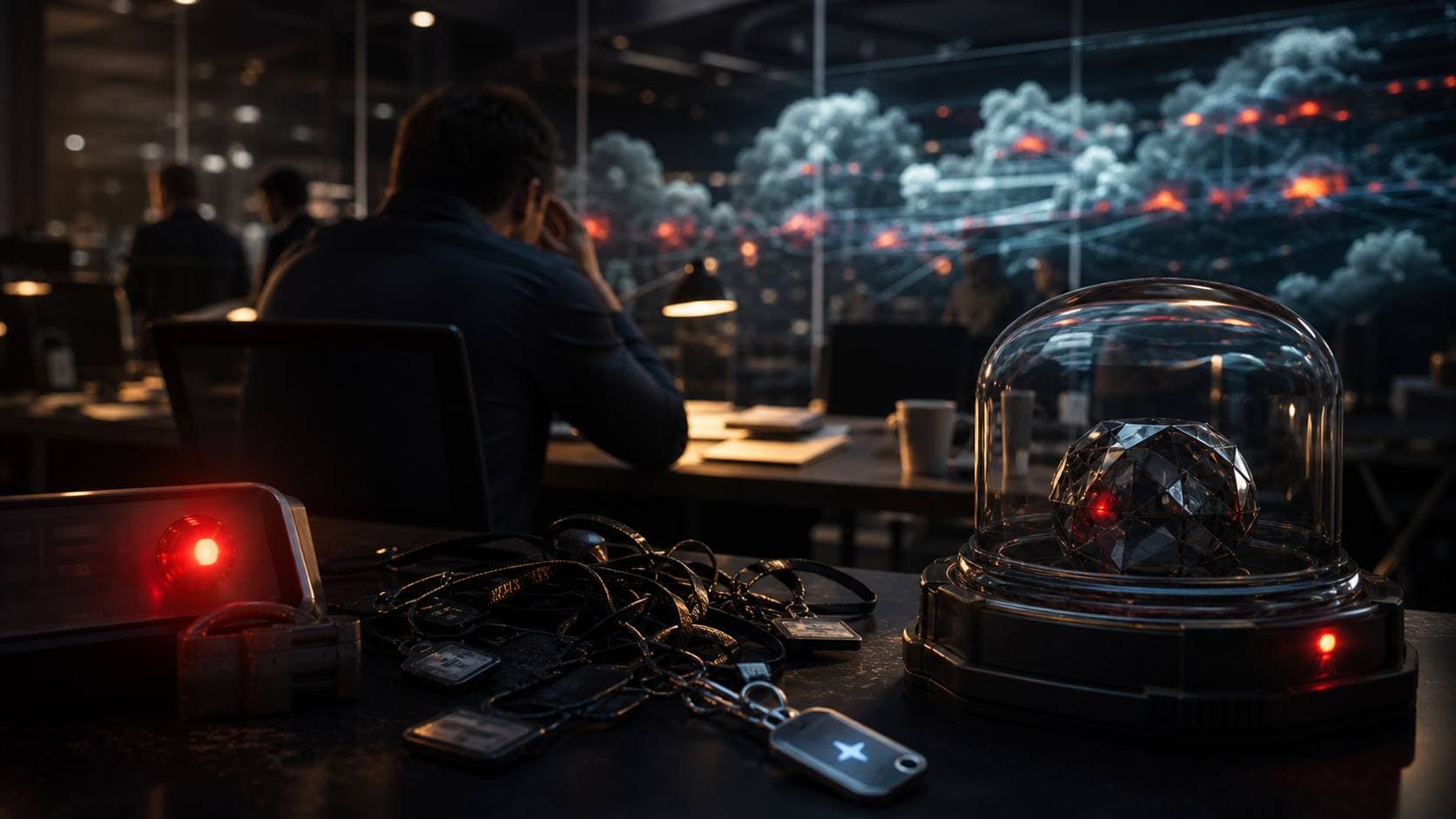 Editorial bitmap of a dark operations desk with access-key objects and cloud billing warning light