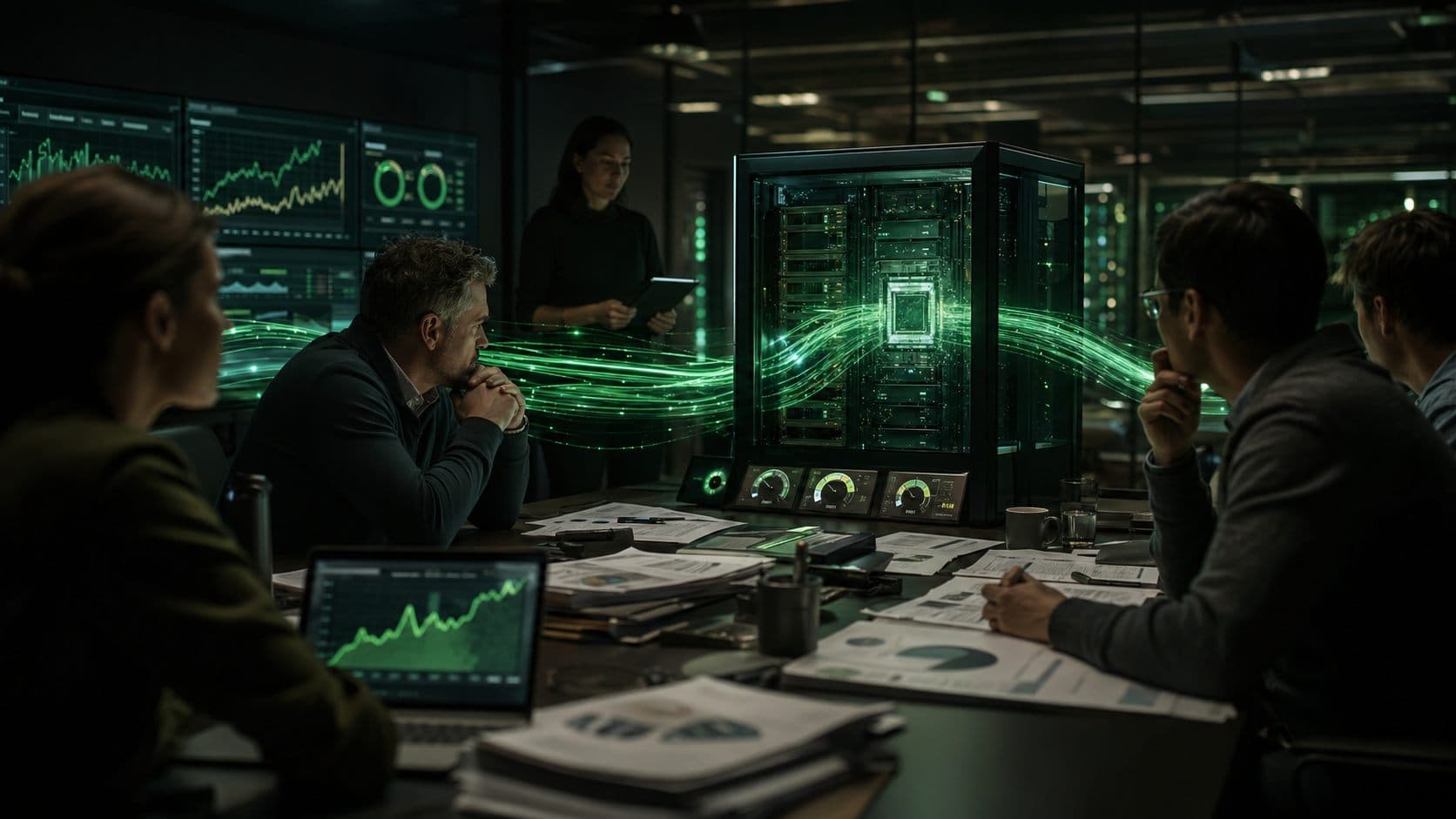 Editorial bitmap of premium AI tokens, cached context rails, and budget controls in a dark launch room