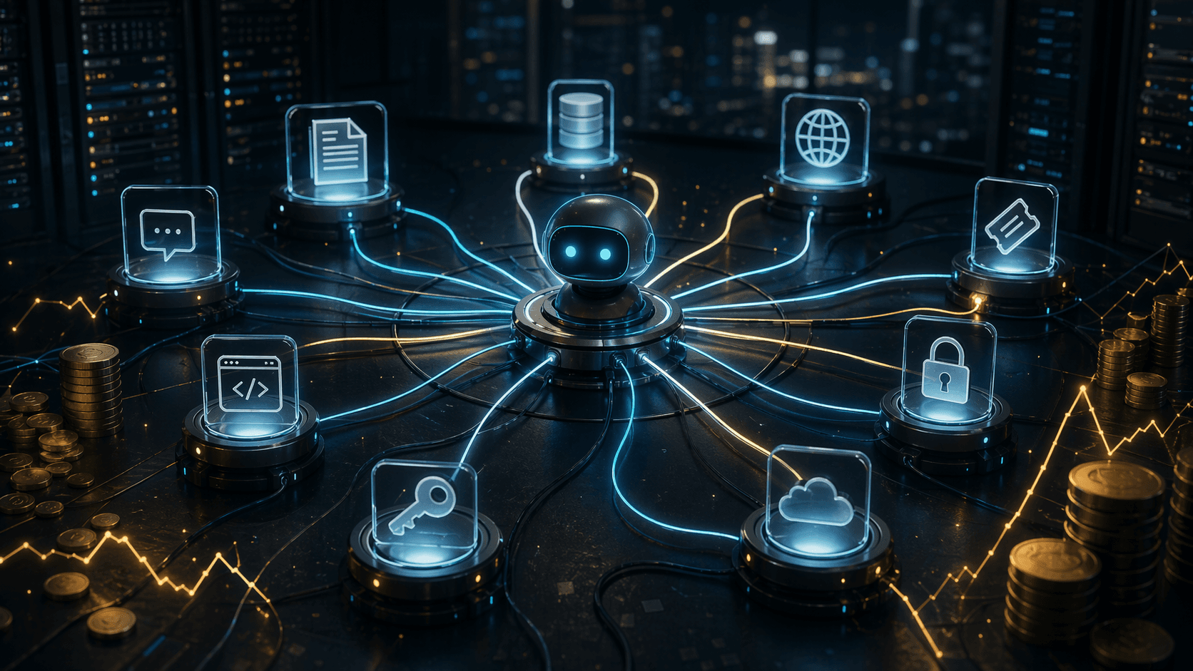 AI-generated hero image of a Hermes operator station with persistent agent dashboards and cost signals
