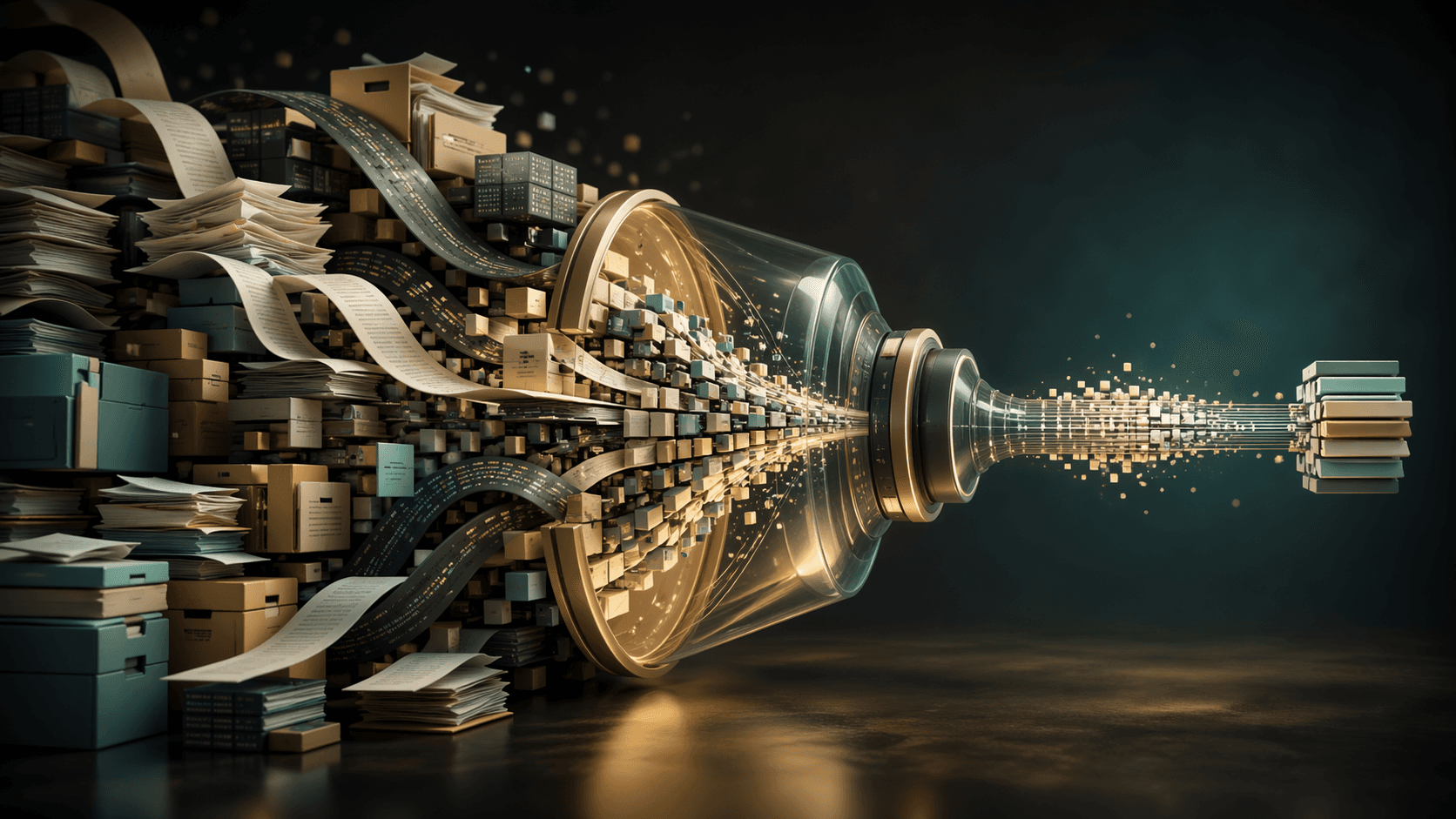 Illustration of oversized documents and repositories flooding an AI context window before being compressed