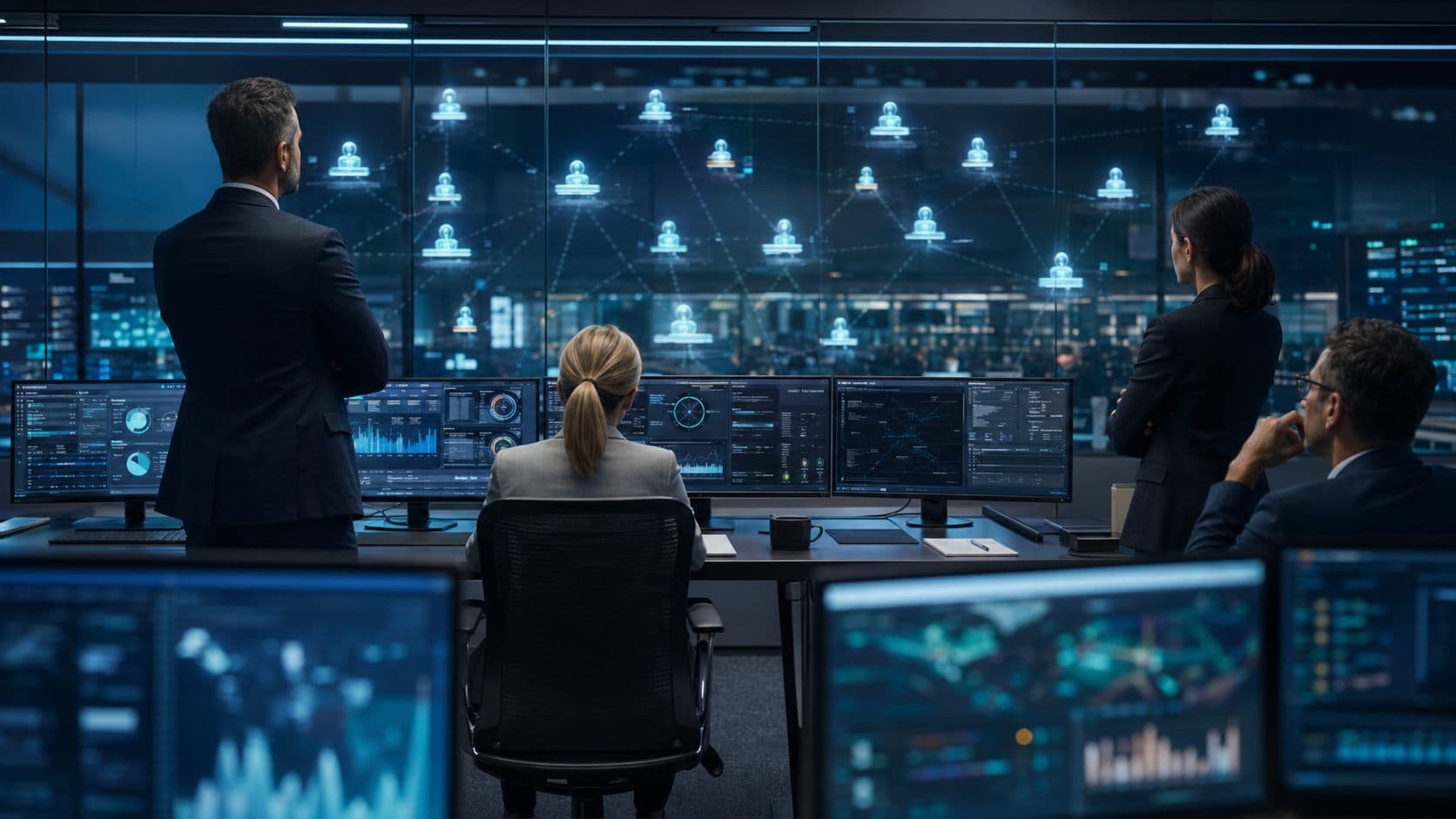 Editorial bitmap of an enterprise control plane monitoring many AI agents across a dark operations grid