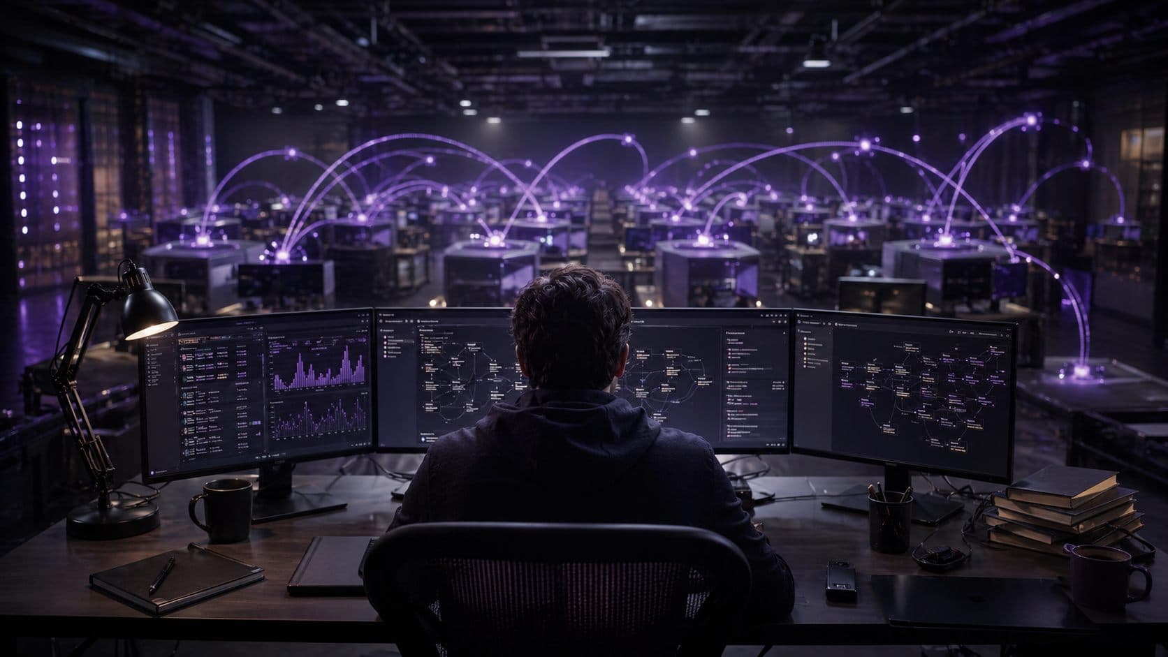 Editorial bitmap of many AI agents consuming bright token streams while a single focused path stays controlled