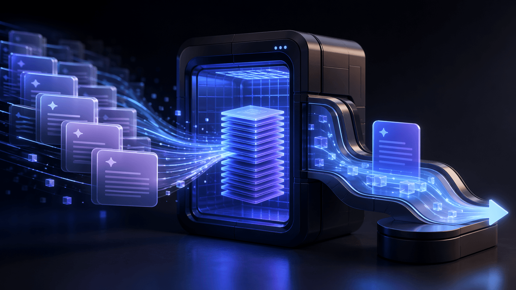 Editorial artwork showing repeated prompt blocks being routed into a fast low-cost cache path