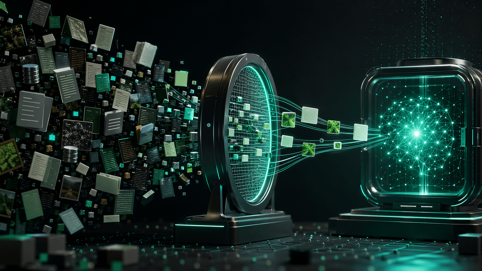 Illustration of a retrieval pipeline selecting only high-value chunks instead of flooding the model