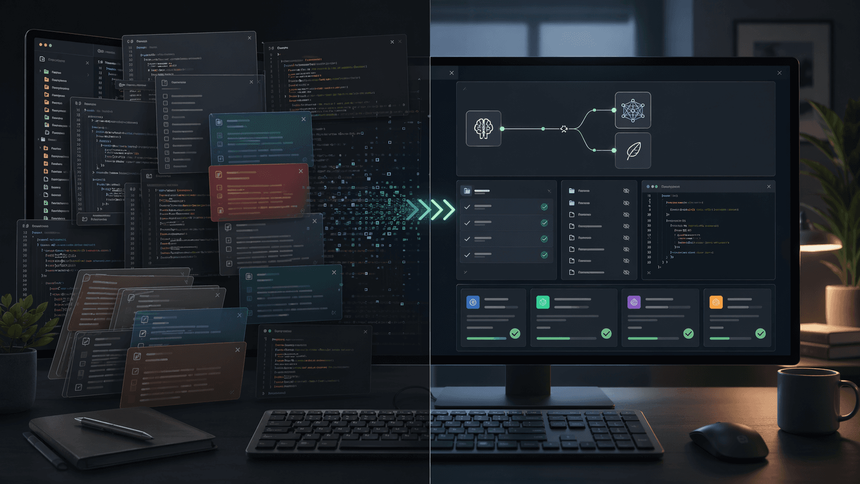 AI-generated hero image of a Cline coding workflow being narrowed from bloated context into a focused task