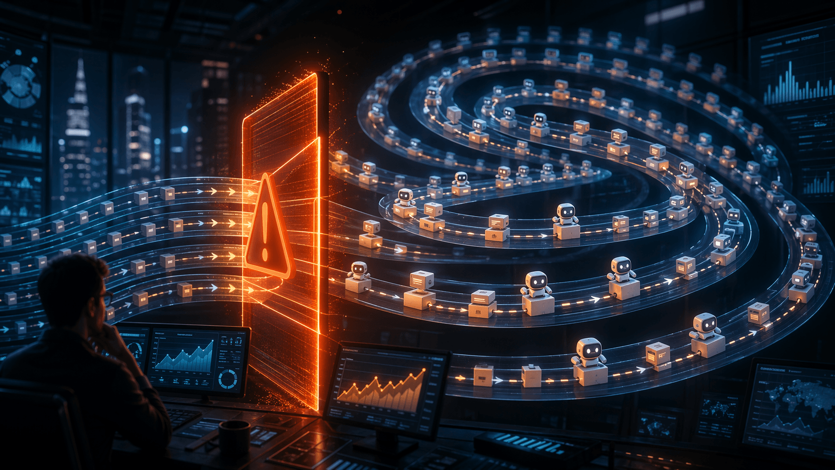 Illustration of autonomous agent workflows spiraling overnight while a monitoring system catches the anomaly