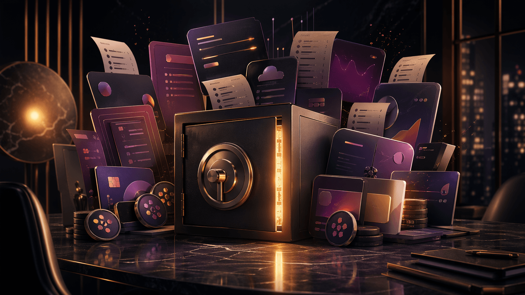 Editorial collage of hidden AI subscriptions and token receipts stacking up behind a company budget