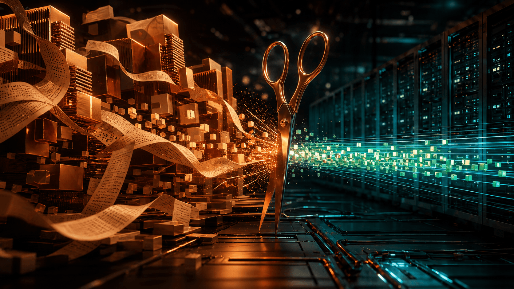 AI-generated editorial image of paper token sheets being cut into a glowing low-cost inference stream